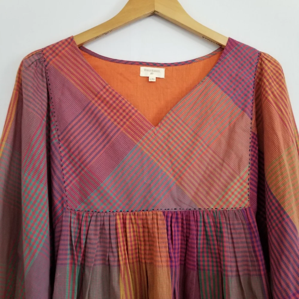 World Market Boho Checker Print Plaid Balloon Sleeve Blouse Size L/XL - Picture 3 of 8